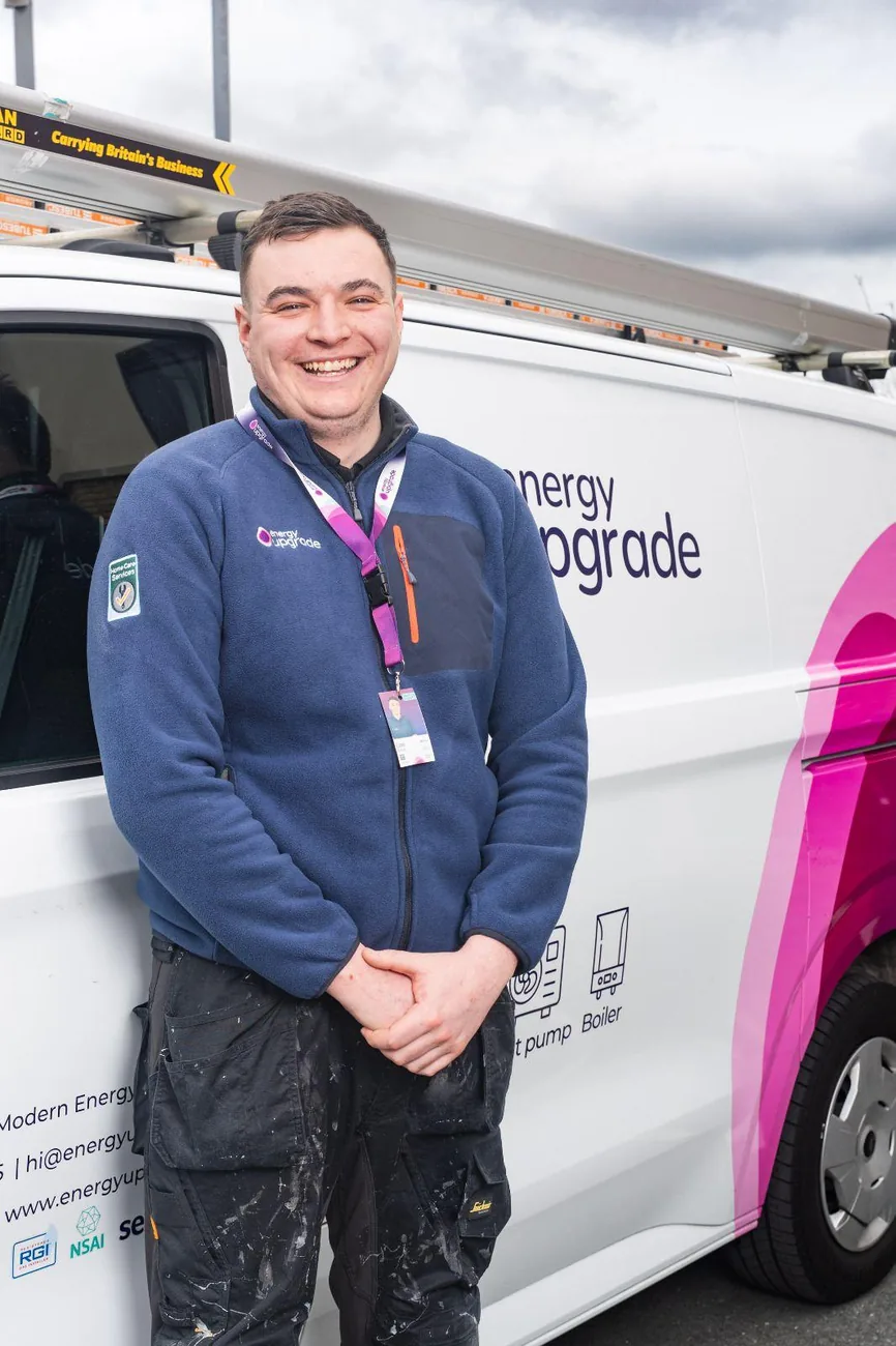 Energy Upgrade engineer in the navy company fleece